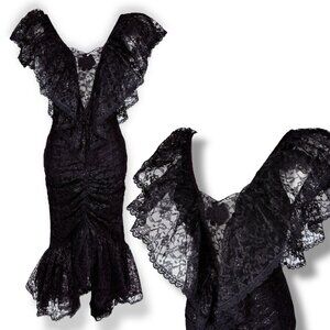 Vintage Steppin' Out 80s Women's Black Lace Ruffle Mermaid Dress Small / S